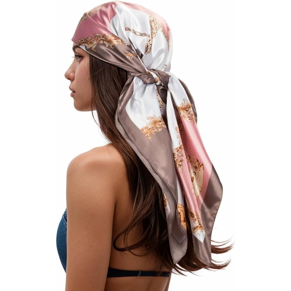 Women's Pink/Grey Head Scarf Like Silk Printed Square Hair Bandanas 35 Inches